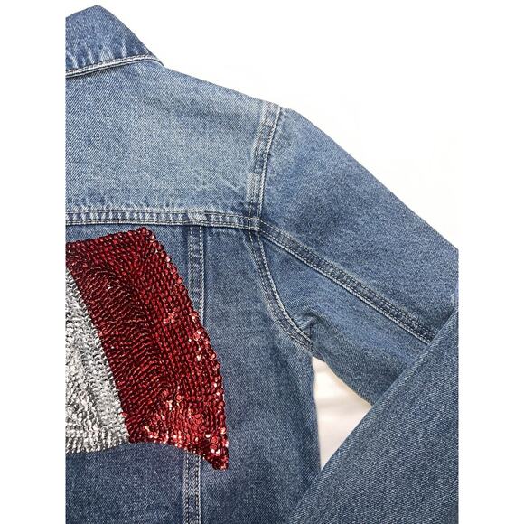 Hija De Tu Made Denim Jacket Women’s Size XS Blue Sequin Mexican Flag Distressed - Picture 14 of 16